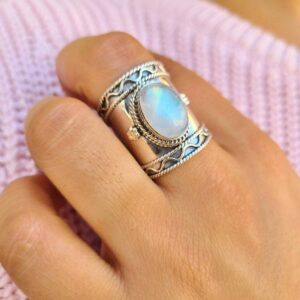 Wholesale Bohemian Vintage Moonstone Ring Silver Geometric Mesh Party Gift Fashion Accessory