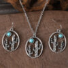 oly-18252611445af0a297684d24f2de49f6 Wholesale Cactus Design Earrings Necklace Set Ancient Silver Turquoise Accent Trendy Hollow Out Geometric Jewelry For Gift Boutique Resale