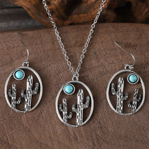 oly-18252611445af0a297684d24f2de49f6 Wholesale Cactus Design Earrings Necklace Set Ancient Silver Turquoise Accent Trendy Hollow Out Geometric Jewelry For Gift Boutique Resale