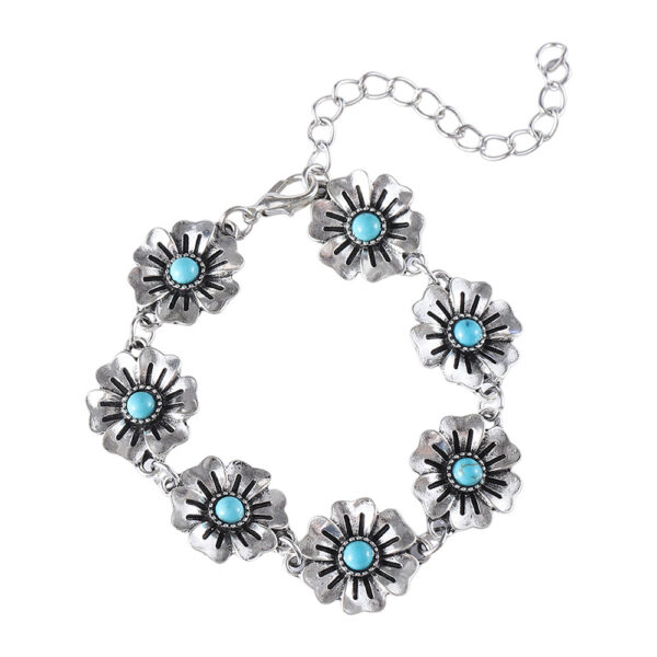oly-18ffb3fd858456a847a0d007efc3fb3b Wholesale Vintage Turquoise Small Flower Bracelet Earrings Set Zinc Alloy Electroplated Finish Trendy Jewelry Accessory For Party Or Gift