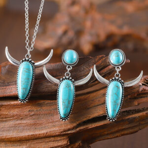 oly-1a7b40389e0c189a81c2fdb27338c7b6 Wholesale Western Cowboy Bull Head Pendant Turquoise Jewelry Set Necklace And Earrings Zinc Alloy Electroplated Boutique Resale