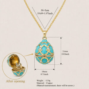 Light blue egg opening and closing necklace (golden rooster inside)