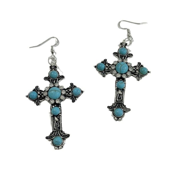oly-2012406d20bee501d917e468e8b4ce4b Wholesale Retro Turquoise Cross Necklace Earrings Set Antique Silver Zinc Alloy Fashion Jewelry Accessory