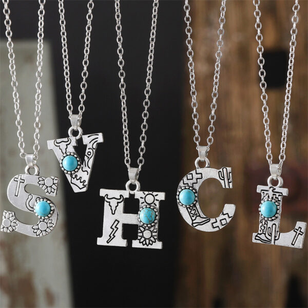 oly-214dfc5072c35b3661e293b3b526f53c Wholesale Zinc Alloy Electroplated Choker Necklace Vintage Turquoise 26 Letters Pendant Everyday Women S Jewelry Accessory