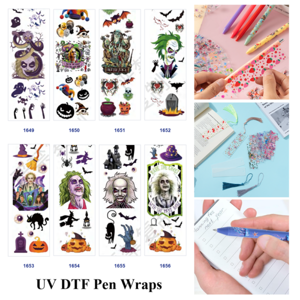 Wholesale 2/8/16pcs Spooky Horror Character Bat Pumpkin Print Pen and Bookmark Stickers UV DTF Wraps OLY Exclusive