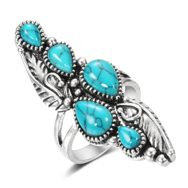 Wholesale Antique Silver Zinc Alloy Turquoise Feather Ring Vintage Chic Jewelry Accessory