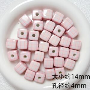 08-pink blue plaid / Size is about 14mm, hole diameter is about 4mm