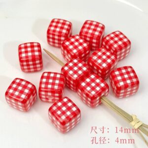 03-red plaid square / The size is about 14mm, the hole diameter is about 4mm (sold by piece)