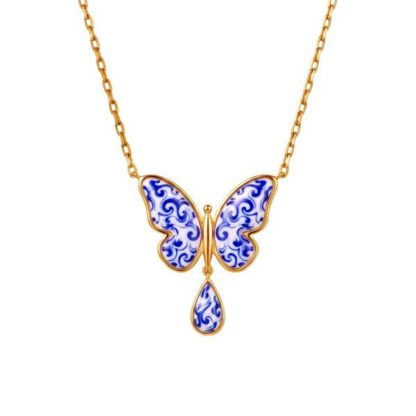 oly-26e85c8f8c2df1d1cea26f279ca3102a Wholesale Stylish Stainless Steel Blue Porcelain Star Moon Drop Pendant Necklace Electroplated Finish Boutique Resale Jewelry Accessory