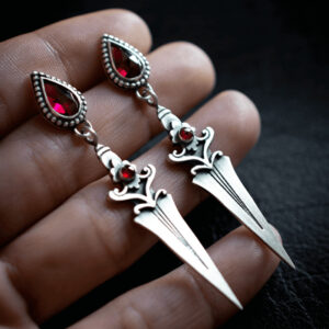 Wholesale Retro Red Ruby Dagger Tassel Earrings For Women Silver Alloy Stylish Party Fashion Accessory Gift