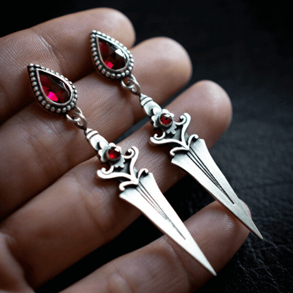 oly-2715aa222dceb9778d2c52a2601447e7 Wholesale Retro Red Ruby Dagger Tassel Earrings For Women Silver Alloy Stylish Party Fashion Accessory Gift