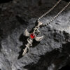 Wholesale Antique Silver Winged Cross Ruby Pendant Long Chain Necklace Trendy Punk Jewelry