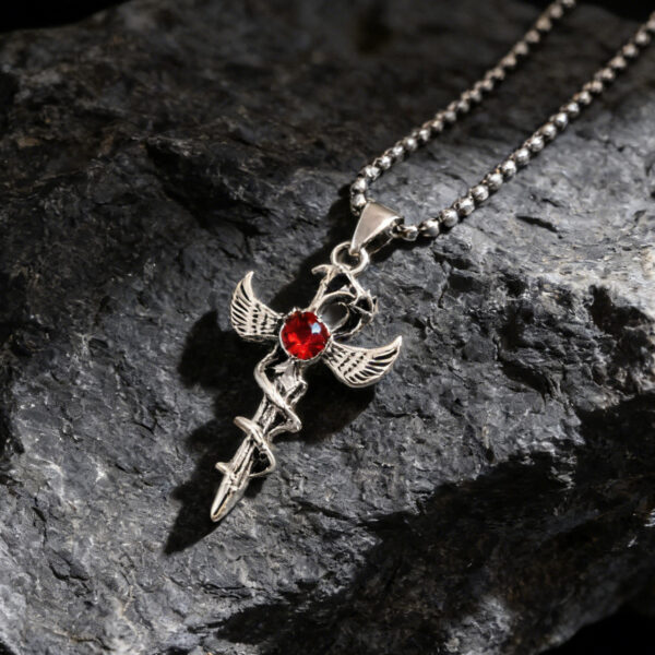 Wholesale Antique Silver Winged Cross Ruby Pendant Long Chain Necklace Trendy Punk Jewelry