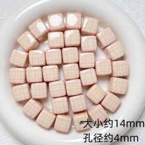 02-pink and green plaid / Size is about 14mm, hole diameter is about 4mm