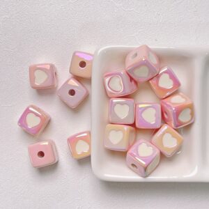 04-Pink White Square Love / Size about 12*12mm, aperture about 3mm