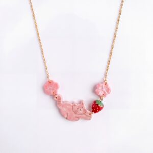 Pink cat flower strawberry necklace