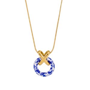 Gold snake bone chain X blue and white porcelain circular necklace
