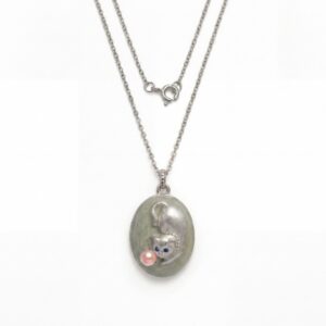 Silver cat playing ball necklace