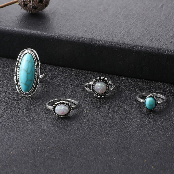 oly-2fc0d8683512cc6cc4de925eaf030747 Wholesale Vintage Turquoise Carved Feather Ring Set Bohemian Style 4 Piece Knuckle Rings Zinc Alloy Fashion Jewelry Accessory Gift