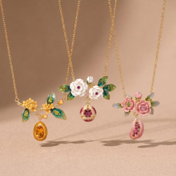 Wholesale Copper Floral Pendant Necklace Vintage Chinese Style With Green Leaf Fashion Jewelry Gift For Women