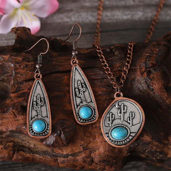 oly-30ca6052e5d506eafbd5ddec1ffd8b75 Wholesale Chic Bohemian Cactus Turquoise Necklace And Earrings Set Electroplated Zinc Alloy Boutique Resale Fashion Accessory