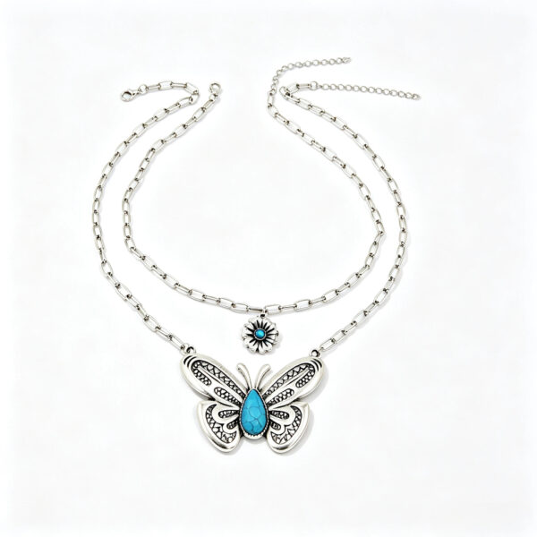 oly-30df6d946f71b721fe4fe07c8be728ef Wholesale Vintage Western Turquoise Butterfly Horseshoe Long Chain Necklace Fashion Accessory Boutique Resale Gift