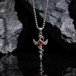 Wholesale Antique Silver Winged Cross Ruby Pendant Long Chain Necklace Trendy Punk Jewelry
