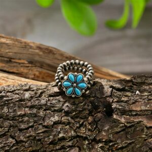 A turquoise seed bead ring with small flower patterns (FG1687-3)