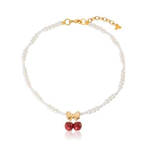 Single bow cherry beaded necklace