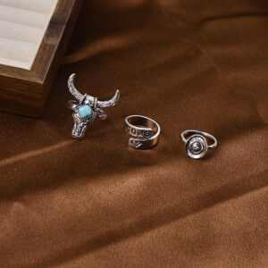 oly-40504260f2546cede14b1d1e17958224 Wholesale Trendy Western Cowboy Retro Ethnic Style Imitation Turquoise Bull Head Ring Fashion Jewelry Accessory For Casual Party Gift
