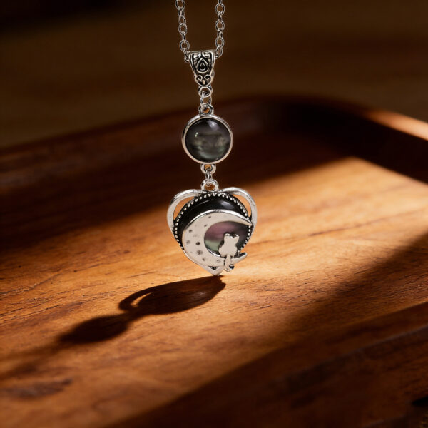 oly-4391b08ff2d6a8621c26c63e9ace7af2 Wholesale Antique Silver Gothic Moon Cat Heart Pendant Necklace Unisex Zinc Alloy Chain Trendy Jewelry Accessory For Gift And Boutique Resale