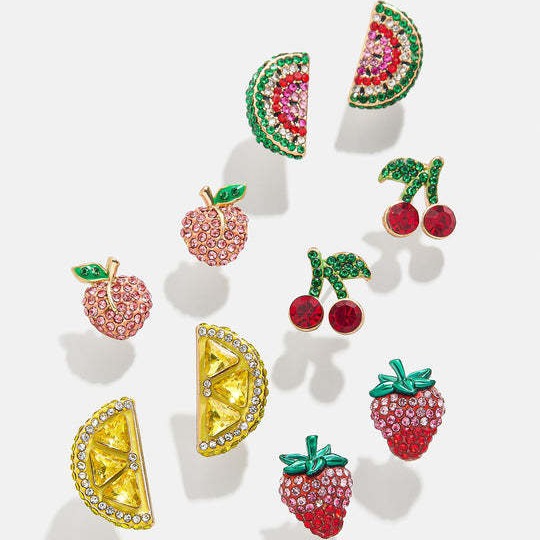 oly-43b1ff4541bd22ea4cc167976a670ad7 Wholesale Copper Electroplated Summer Fruit Rhinestone Earrings Watermelon Lemon Cherry Pineapple Beach Style Fashion Jewelry For Vacation Gift