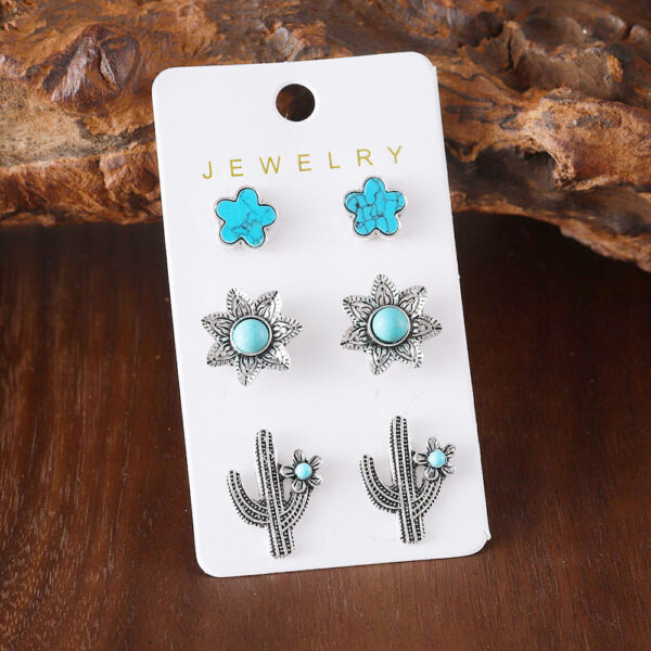 oly-43ef5ea01e9c285bb3e91e9336b675e7 Wholesale Retro Bohemian Turquoise Cactus Flower Alloy Stud Earrings 3 Piece Set Trendy Jewelry Accessory For Parties And Everyday Wear