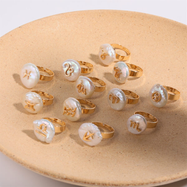 oly-46b9378210c3551a34f13734ed473d56 Wholesale Stylish 12 Zodiac Constellation Ring Irregular Pearl Copper Adjustable Band Everyday Jewelry Accessory