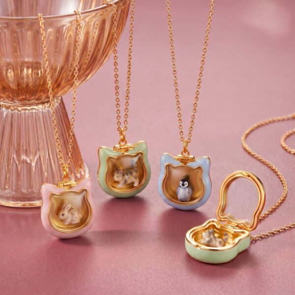 Wholesale Stylish Pink Cat Shaped Glass Photo Locket Necklace Copper Electroplated Boutique Resale Jewelry Accessory