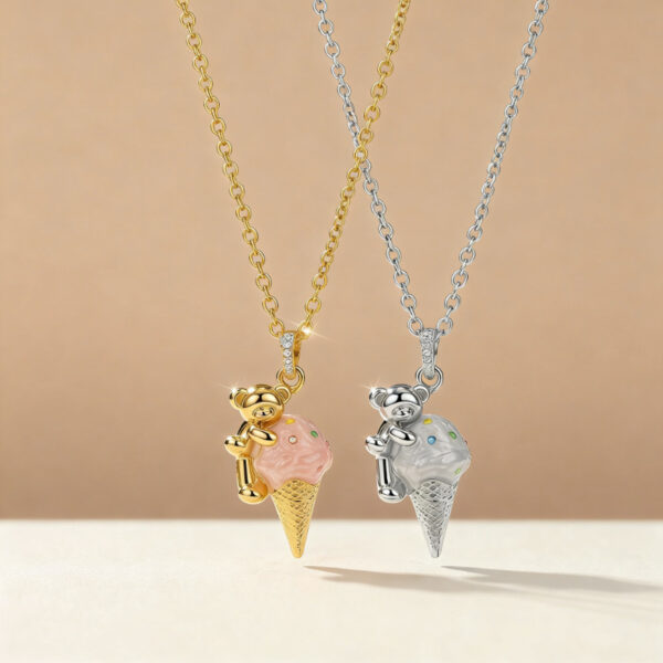 Wholesale Cute Bear Ice Cream Pendant Electroplating Copper Necklace Silver Two Tone Casual Fashion Jewelry Accessory