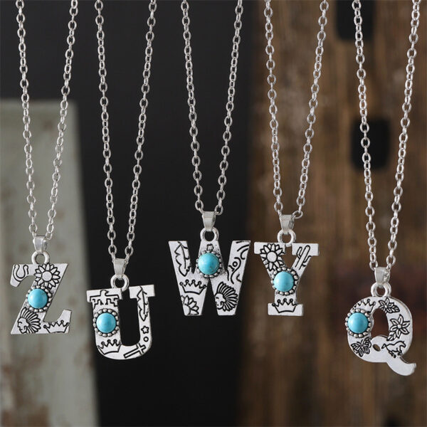 oly-4a0ad2d51b2448ab248648ec816d70fb Wholesale Zinc Alloy Electroplated Choker Necklace Vintage Turquoise 26 Letters Pendant Everyday Women S Jewelry Accessory