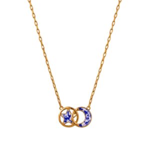 Star and moon interlocking blue and white porcelain pattern necklace
