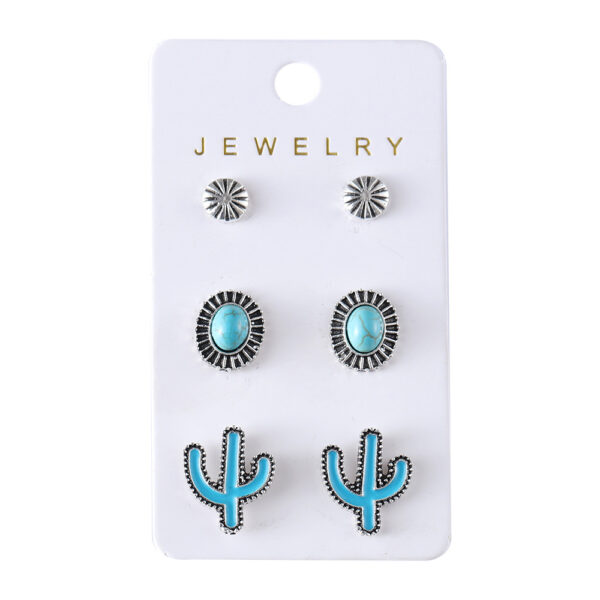 oly-4be0b5d796d31311a0ac2cbd270c6603 Wholesale Retro Bohemian Turquoise Cactus Flower Alloy Stud Earrings 3 Piece Set Trendy Jewelry Accessory For Parties And Everyday Wear