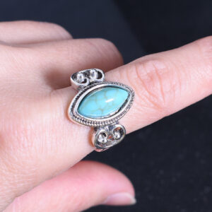Wholesale Zinc Alloy Turquoise Textured Ring Antique Silver Vintage Geometric Design Statement Jewelry For Women Boutique Fashion Accessory