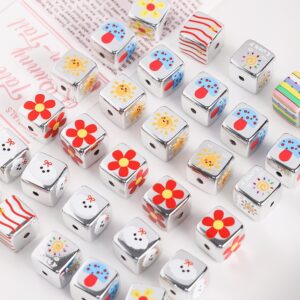 Wholesale Cute Cartoon Acrylic Loose Beads 14mm Printed Flower Polka Dot Mixed Colors for DIY Jewelry Making Phone Charms Bag Charms