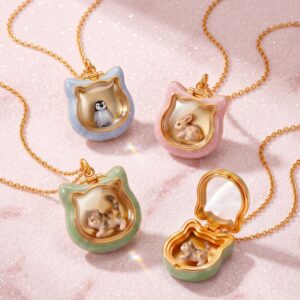 oly-53460aa049d5c9e4f6e79e187a95688c Wholesale Stylish Pink Cat Shaped Glass Photo Locket Necklace Copper Electroplated Boutique Resale Jewelry Accessory