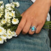Wholesale Vintage Blue Turquoise Rhinestone Ring For Women Stylish Geometric Silver Tone Jewelry Accessory For Parties And Everyday Wear