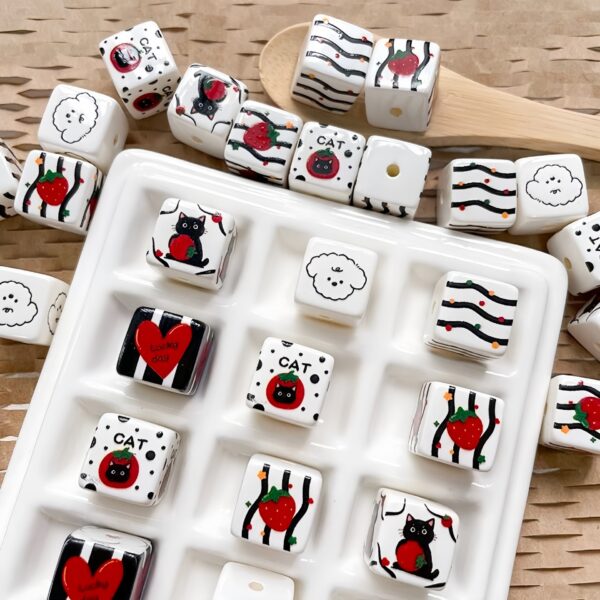 Wholesale Acrylic Square Loose Beads with Cute Cartoon Dog and Strawberry Cat Design for DIY Phone Charm Keychain Making
