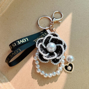 oly-5dfeca20286961285eecc46908abb581 Wholesale Trendy Metal Camellia Keychain Bag Charm With Pearl Elements Black Color Fashion Accessory For Gift Boutique Resale