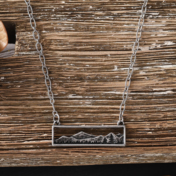 Wholesale Fashion Accessory Geometric Hollow Pendant Necklace With Forest Mountain Pine Tree Design Antique Silver Zinc Alloy Boutique Resale