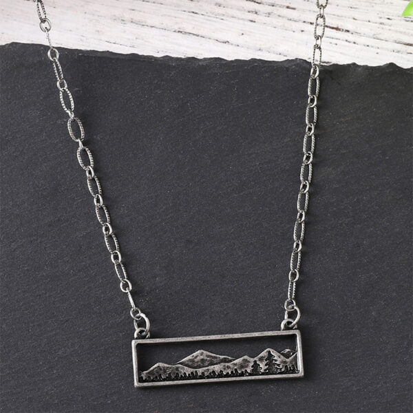 Wholesale Fashion Accessory Geometric Hollow Pendant Necklace With Forest Mountain Pine Tree Design Antique Silver Zinc Alloy Boutique Resale