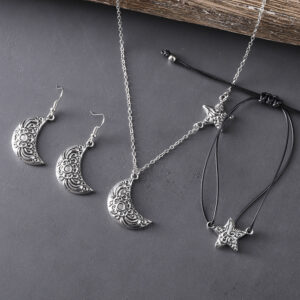 oly-608785f19d80f260e2b873133ff5c69a Wholesale Zinc Alloy Ancient Silver Star Moon Earrings Necklace Bracelet Set Everyday Wear