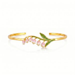 Pink and white lily of the valley flower open bracelet