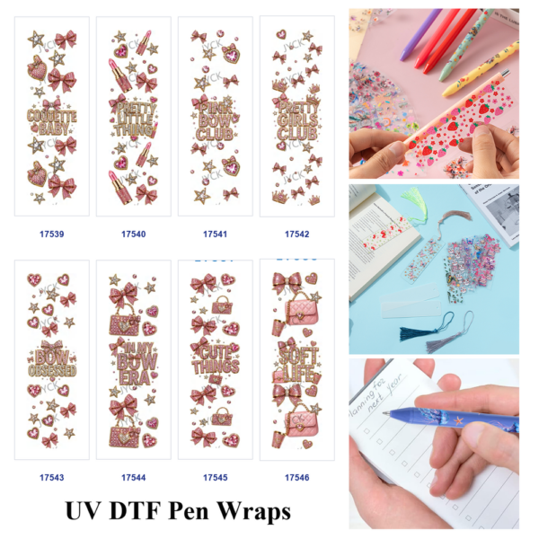 Wholesale 2/8/16pcs Coquette Bow Pink Rhinestone Girl Style Pen and Bookmark Stickers UV DTF Wraps